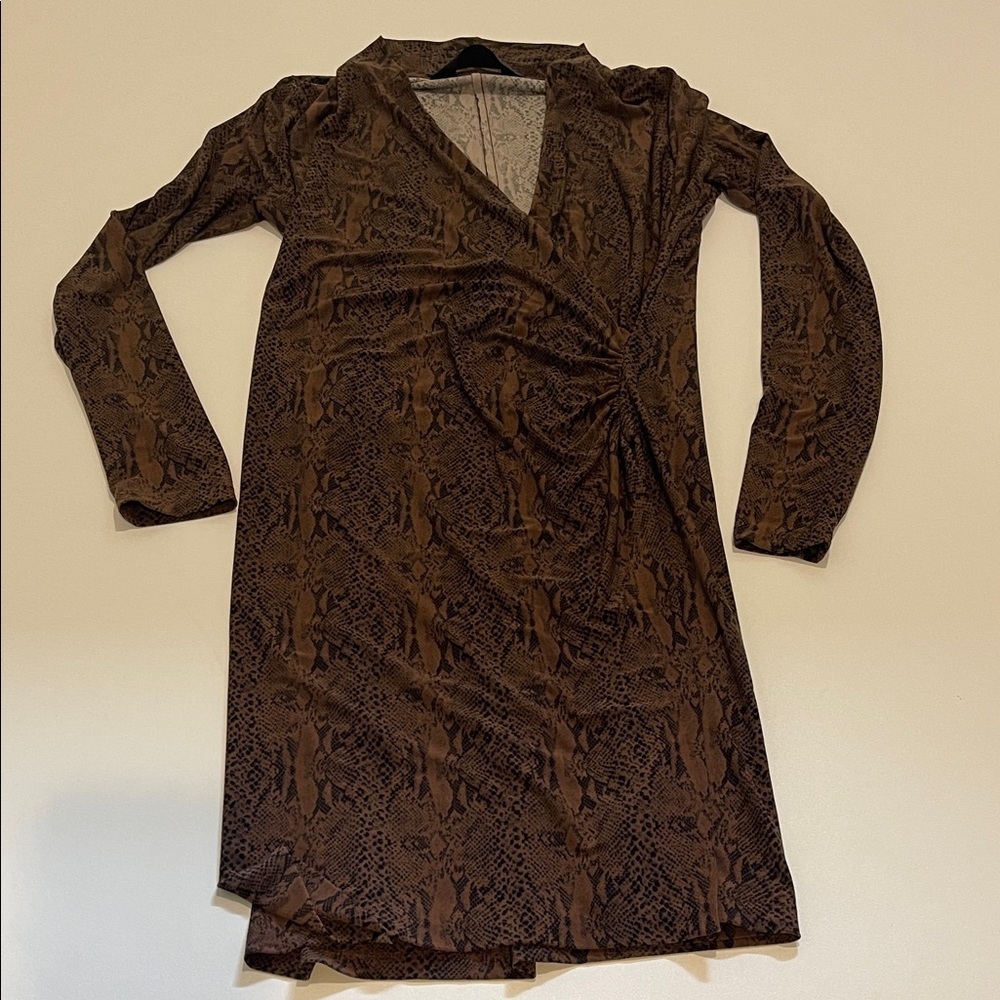 Norma Kamali Brown Snake-Print Long Sleeve Faux Wrap Dress - Picture 2 of 8